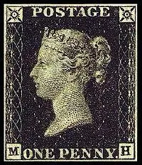 Le 1er timbre postal a t mis par le Royaume-Uni en 1840. Sur fond noir, et d'une valeur faciale d'un penny, il tait  l'effigie de la reine Victoria et s'appelait :