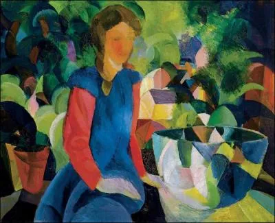 Cette jeune fille peinte par August Macke a t reprsente avec un rcipient en verre contenant :