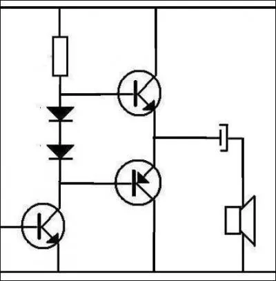 Si ce montage est alimenté sous 28 volts, la tension commune aux 2 émetteurs des 2 transistors de puissance sera de :