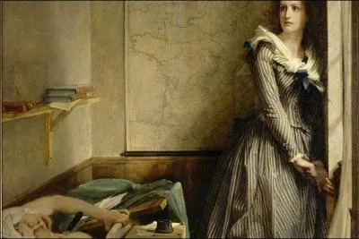 Que tient Marat dans la main gauche sur le tableau de David,  Marat assassin  ?