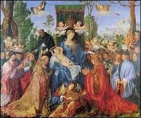 Je me nomme La Vierge de la fte du Rosaire ou Clbration du Rosaire . Expose  la Galerie nationale de Prague, je suis cre en 1506, huile sur bois de dimensions (H x L) de 162cm x 192cm. Mon auteur est un peintre allemand n le 21 mai 1471 et dcd  Nuremberg en 1528, il a comme autres talents la gravure et est un mathmaticien reconnu, mais qui est-il ?