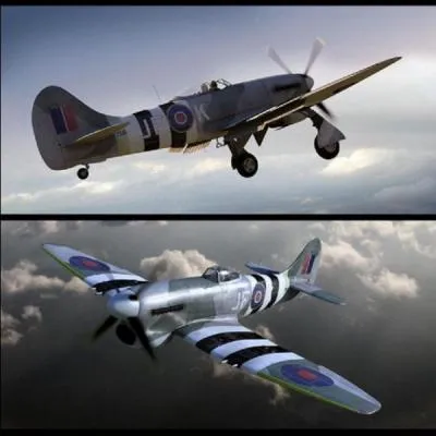 Cet avion équipa la RAF à partir de 1944. Il a été construit, entre autres, pour pouvoir détruire le V1. Il a été développé à partir de son prédécesseur le Typhoon qu'il était destiné à remplacer. Bien que performant, il était sujet à de très nombreux accidents et problèmes techniques. Quel est cet avion ?