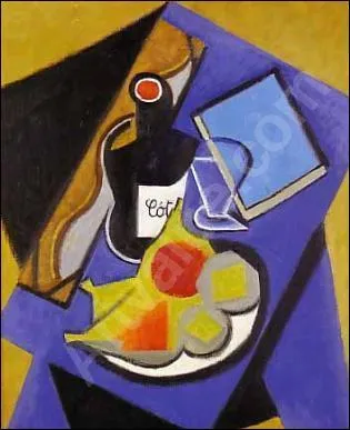 Plateau de fruits, bouteille de vin et livre.