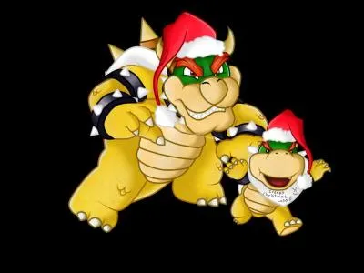 Bon, eux, ils vont srement aller les voler, les cadeaux. Mais bon, est-ce que vous arrivez  lire qu'est-ce qui est crit sur la bavette de Bowser Jr, si oui, c'est quoi ?