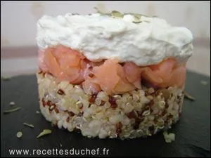 On vous prsente une verrine de saumon fum au quinoa et au boulgour,  quels lgumes le quinoa est-il apparent ?
