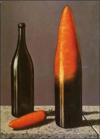Quel est le titre de ce tableau de Ren Magritte, comportant les figures iconiques suivantes : la carotte, la bouteille, la carotte-bouteille ?