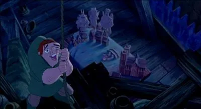 Quasimodo reprend alors petit  petit espoir. Dans la chanson suivante  Une douce lueur , que peut-on voir faire Quasimodo tout en pensant  Esmralda ?