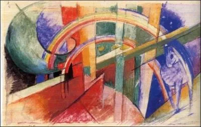 Cheval bleu avec arc-en-ciel.