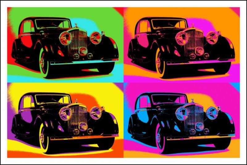 Affiche du Pop art sur laquelle une belle voiture est représentée, quelle est sa marque ?