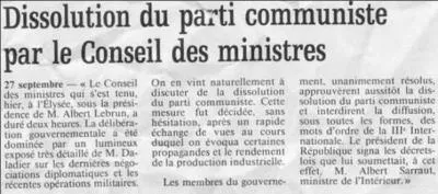 Une affaire franco-franaise arrive le 26 septembre 1939. Certains politiciens (dputs) subissent les consquences de la prise de position de leur parti politique. Quel est-il ?