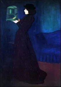 Femme avec une cage  oiseaux.