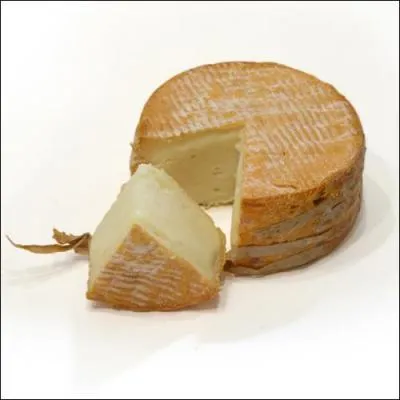 C'est l'heure du fromage, avec un fromage  pte molle  crote lave, de couleur orange, de forme cylindrique, cercl de trois  cinq bandelettes de tiges de massettes :