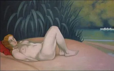 Femme nue dormant au bord de l'eau.
