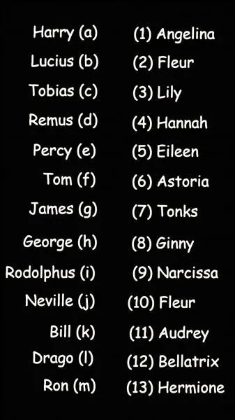 Dernière question récapitulative. Retrouvez les paires et vous obtiendrez tous les couples célèbres de l'univers d'Harry Potter (couples établis à la fin du dernier livre).