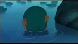 Dans le lac, avec quoi Ping tente-t-elle de se dissimuler ?