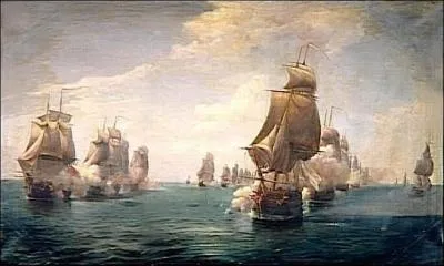 Le peintre brestois Pierre-Julien Gilbert (1783-1860) se passionna pour les reconstitutions des combats ... . Le tableau que je vous propose s'appelle : Combat en vue de la Dominique.