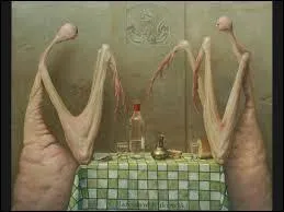 Un trange djeuner entre deux drles de btes, peintes par Jaroslaw Kukowski Modliszki qui ont juste l'air un tout petit moins fun que celles qui ne cessent de boire du caf et de bavasser dans un film clbre qui est ?