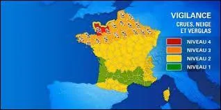 Voici une carte de vigilance de Mto-France. Deux dpartements sont en rouge : la Manche (14) et le Calvados (61).