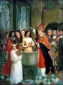 Cette peinture reprsente Clovis dans les ... baptismaux lors de son baptme par Saint Rmi.