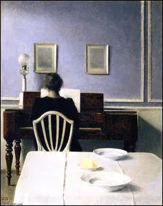 Intrieur avec femme au piano.