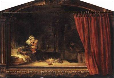 Tableau de Rembrandt. Qui est visible  gauche, et qui est en partie cach  droite par le rideau ?