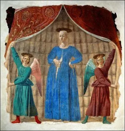 Fresque de Pierro della Francesca. Le rideau est gnralement symbolique de la protection, c'est le cas dans cette reprsentation de la Vierge Parturiente, mais qu'est-il d'autre de manire plus beaucoup plus  sectaire  ?