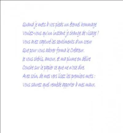 Les vers du ppre pervers > Avant le tchat et le sms, on savait faire des vers... gonds ! Lisez bien (le vers 7 en particulier)... Quel en sera la rponse et de qui s'agit-il ?