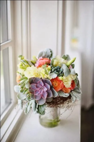 Que de couleurs dans ce bouquet, dont le stye est allg par la prsence de plantes grasses, dont celle en premier plan, vert et mauve, qui est... ?