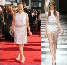 Voici ce que donne l'ensemble choisi sur mannequin ( droite de la photo) et le modle (adapt) sur l'actrice  gauche, qui du coup a l'air de porter un sac. Cette actrice est Rita Wilson, qui est l'pouse d'une mga-star, laquelle ?