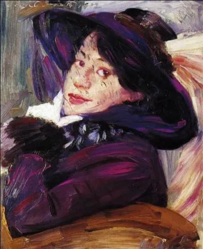 Portrait d'une femme au chapeau violet.