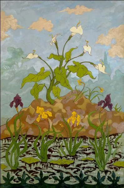 Arums et iris violettes et jaunes.