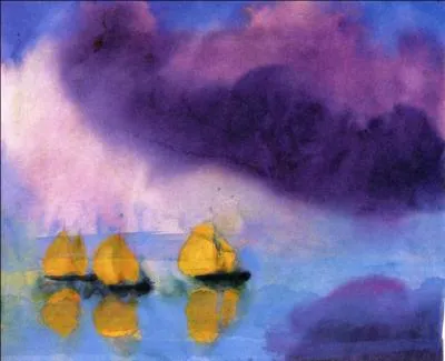 Mer avec nuages violets et trois bateaux jaunes.