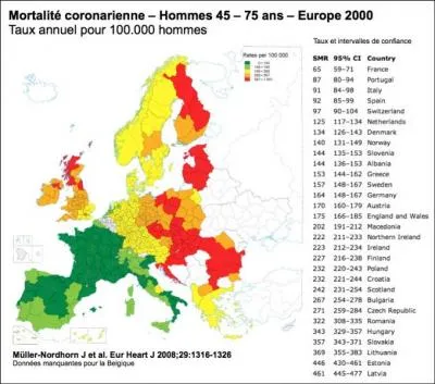 Sur cette  carte du beurre tendre , vous pourrez apercevoir le seul pays presque entirement vert fonc (le taux le plus bas) des maladies coronariennes. Que peut-on en dduire ?