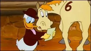 Dans « Donald Duck » un cheval de course ne désire pas être avec lui en balade. Il s'écrie : Pouquoi ? Pourquoi moi avec lui ? . Dans l'image suivante, quel est le repère de Donald pour reconnaître son cheval de course ?