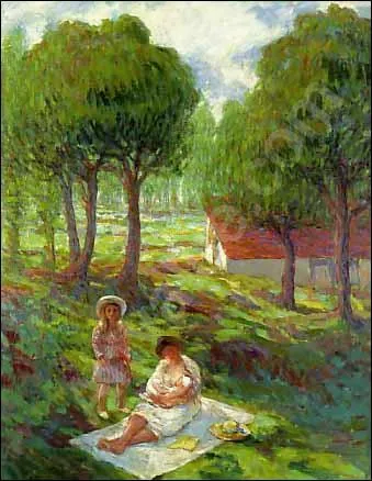 Mère et enfant dans un paysage.