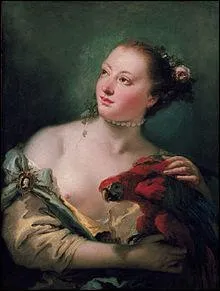 Ce tableau aux teintes rosées, "jeune femme au perroquet" est l'oeuvre d'un peintre italien (1696-1770) à qui on doit de grandes fresques qui décorent palais et églises, ainsi que de nombreux tableaux et esquisses.