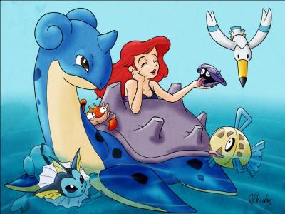 Quels sont les pokémon aquatiques qui tiennent compagnie à Ariel la petite sirène ? (3 réponses)