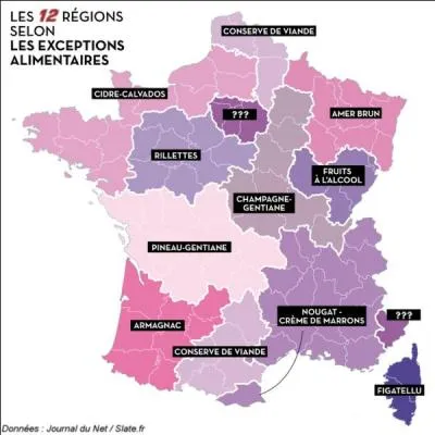 12 terroirs > Composées selon les habitudes alimentaires les plus originales (Attention : il s'agit bien "d'habitudes de consommation spécifiques" et non de spécialités culinaires ! ). Pouvez-compléter les 2 régions en mauve foncé qui n'ont pas de nom ?