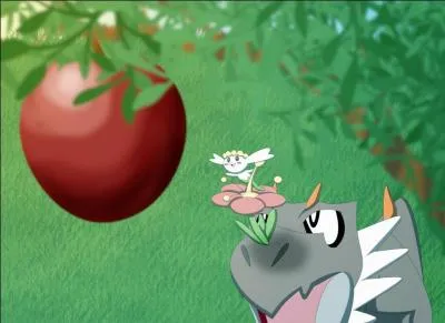 On l'aperçoit également sur cette image. Quel Pokémon essaye de l'aider à attraper la pomme ?