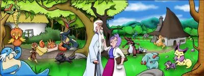Quels pokémon apparaissent aux côtés de Merlin et Madame Mim sur cette image ? (3 réponses)