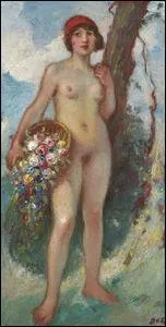 Fille avec panier de roses.