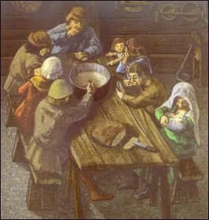 Le paysan mange rarement à sa faim. Il doit reverser plus de la moitié de sa maigre production au seigneur et à l'Église. De quoi se compose un repas de paysan pour l'essentiel ?