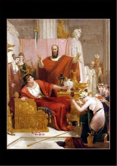 Damoclès fut le courtisan de quel tyran ? Ce dernier lui proposa d'échanger sa vie contre la sienne, il lui offrit cette cage dorée du pouvoir où, en échange du luxe et des honneurs, le tyran vit avec une épée au-dessus de la tête, retenue par un simple crin de cheval, le naïf courtisan comprit, que le bonheur d'un tyran est une arme à double tranchant.