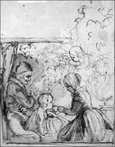 1845. Au milieu de l'arbre une charmante vieille dame était assise. Sa drôle de robe était-elle faite d'étoffe ou de verdure et de fleurs vivantes ?