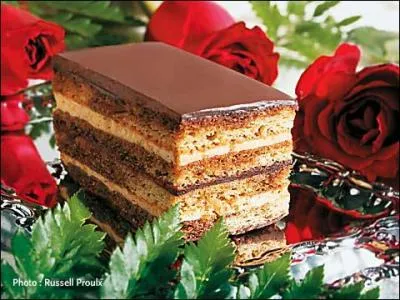 Dans quel g&acirc;teau fait de g&ecirc;noise, ganache, cr&egrave;me au beurre parfum&eacute;e au caf&eacute; et recouvert d'un gla&ccedil;age au chocolat, a &eacute;t&eacute; pr&eacute;lev&eacute;e cette portion ?