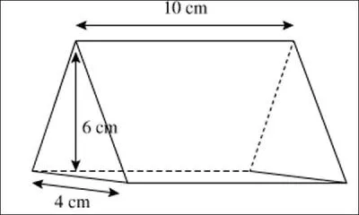 Le volume d'un prisme droit est obtenu en multipliant l'aire de la base par la hauteur : V = B x h.
Quel est le volume de ce prisme droit à base triangulaire ? (voir les dimensions sur l'image)