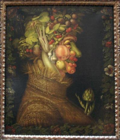 La tradition des têtes composées remonte à l'Antiquité. Giuseppe Arcimboldo (1527-1593) a réalisé une série de portraits allégoriques liés aux saisons. 'L'Été', composé ... représente un homme au sourire moqueur. C'est la saison des moissons et le vêtement est fait de blé tissé.