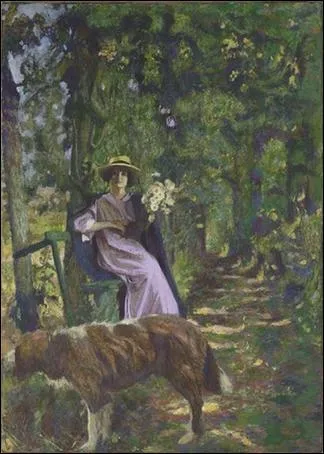 Qui a peint ce chien et cette femme dans ce paysage d'automne ?