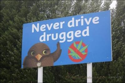 Pour commencer, ce kiwi nous le dit : 'Il ne faut pas conduire drogué'. Là, le pays nous est donné. : -)