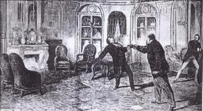 Un duel qui tourne mal, c'est un des témoins qui est abattu. Il repose au Père Lachaise, mais sa tombe est très connu pour une particularité masculine « très particulière ». Son assassin fut acquitté mais il a dû payer des dommages et intérêts ! 

Qui est l'assassin (réponse 1 ou 2) ?
Qui est la victime (réponse 3 ou 4) ?